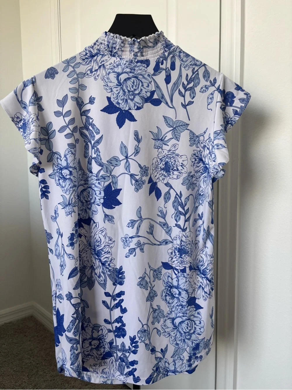 Floral High-Neck Ruffle Sleeve Blouse - White & Blue